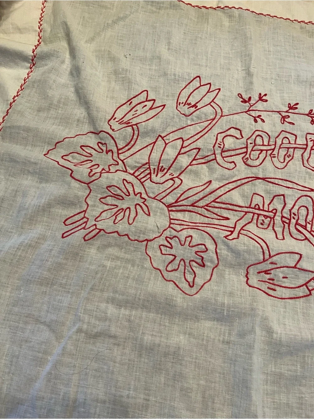 Embroidered 'Good Morning' Linen Table cloth - Red on Cream